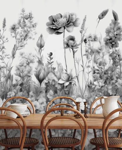 black and white floral wallpaper mural called Flowers of My Soul III by Marina Stupakova