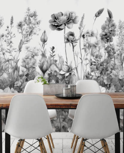 mural de papel pintado floral en blanco y negro llamado Flowers of My Soul III de Marina Stupakova
