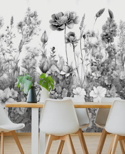 black and white floral wallpaper mural called Flowers of My Soul III by Marina Stupakova