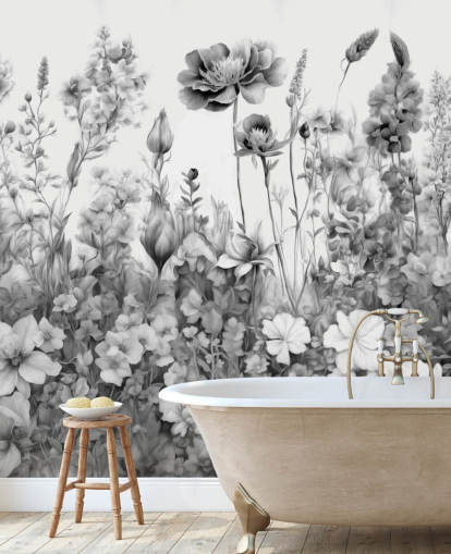 black and white floral wallpaper mural called Flowers of My Soul III by Marina Stupakova