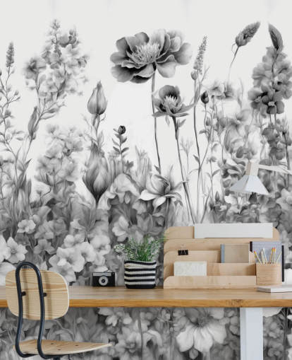 black and white floral wallpaper mural called Flowers of My Soul III by Marina Stupakova