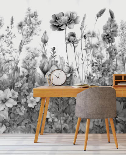 black and white floral wallpaper mural called Flowers of My Soul III by Marina Stupakova