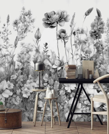 papier peint floral noir et blanc intitulé Flowers of My Soul III de Marina Stupakova