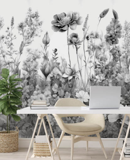 mural de papel pintado floral en blanco y negro llamado Flowers of My Soul III de Marina Stupakova