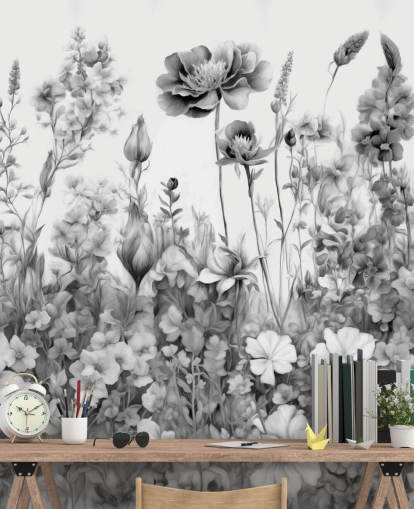 black and white floral wallpaper mural called Flowers of My Soul III by Marina Stupakova