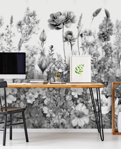 black and white floral wallpaper mural called Flowers of My Soul III by Marina Stupakova
