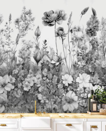 zwart-witte bloemenmuurschildering genaamd Flowers of My Soul III van Marina Stupakova zwart-witte bloemenmuurschildering genaamd Flowers of My Soul III van Marina Stupakova