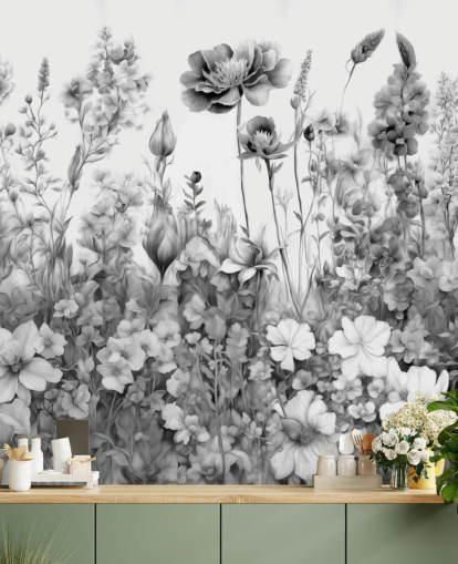 mural de papel de parede floral preto e branco chamado Flowers of My Soul III de Marina Stupakova