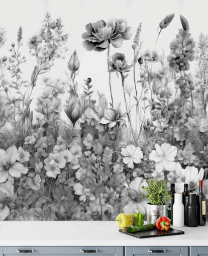 papier peint floral noir et blanc intitulé Flowers of My Soul III de Marina Stupakova