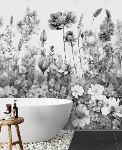 mural de papel pintado floral en blanco y negro llamado Flowers of My Soul III de Marina Stupakova