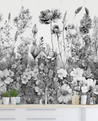 papier peint floral noir et blanc intitulé Flowers of My Soul III de Marina Stupakova