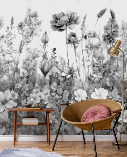 mural de papel pintado floral en blanco y negro llamado Flowers of My Soul III de Marina Stupakova