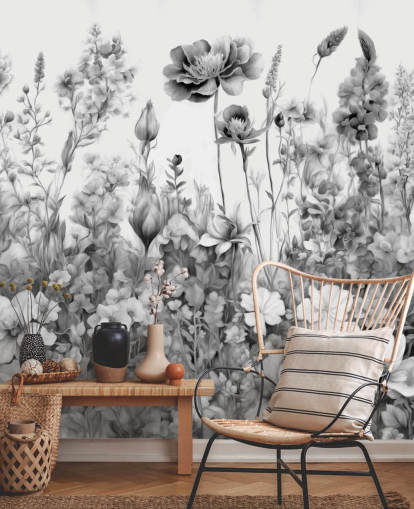 mural de papel pintado floral en blanco y negro llamado Flowers of My Soul III de Marina Stupakova