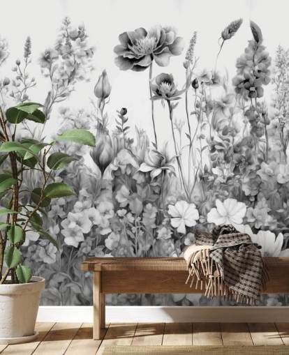 mural de papel pintado floral en blanco y negro llamado Flowers of My Soul III de Marina Stupakova