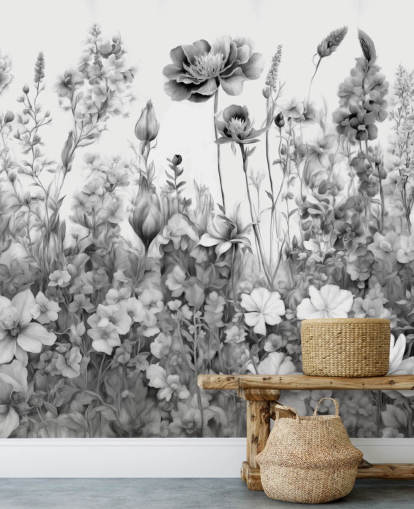 mural de papel de parede floral preto e branco chamado Flowers of My Soul III de Marina Stupakova