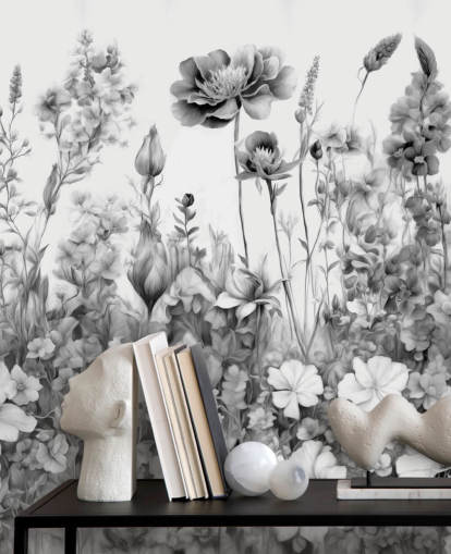 sort/hvidt blomstertapet vægmaleri kaldet Flowers of My Soul III af Marina Stupakova