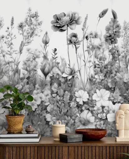 black and white floral wallpaper mural called Flowers of My Soul III by Marina Stupakova black and white floral wallpaper mural called Flowers of My Soul III by Marina Stupakova