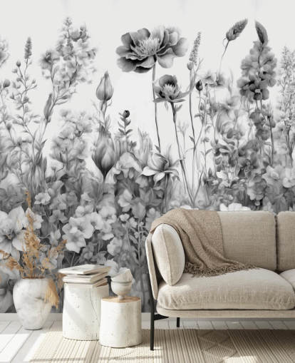 mural de papel de parede floral preto e branco chamado Flowers of My Soul III de Marina Stupakova