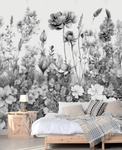 black and white floral wallpaper mural called Flowers of My Soul III by Marina Stupakova