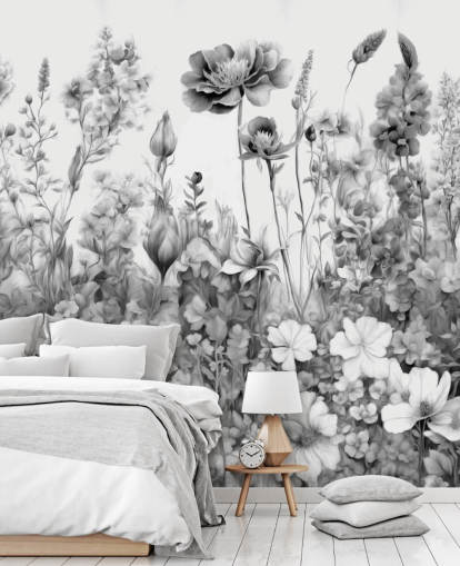 mural de papel pintado floral en blanco y negro llamado Flowers of My Soul III de Marina Stupakova