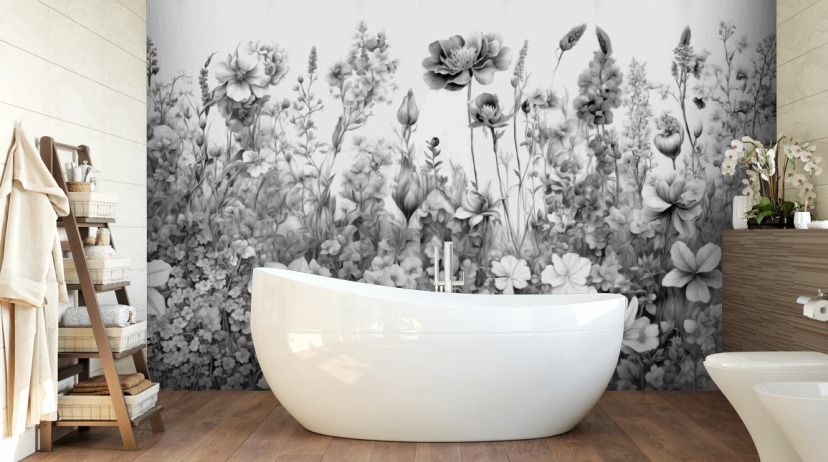 mural de papel pintado floral en blanco y negro llamado Flowers of My Soul III de Marina Stupakova