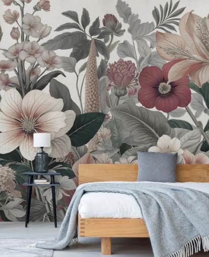 beige, witte en rode bloemenbehangmuurschildering genaamd Love on Weekend van Marina Stupakova voor slaapkamers en lounges