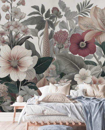 papier peint floral beige, blanc et rouge intitulé Love on Weekend de Marina Stupakova pour les chambres et les salons
