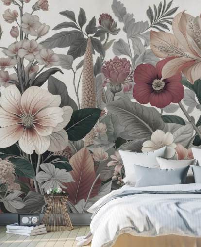 papier peint floral beige, blanc et rouge intitulé Love on Weekend de Marina Stupakova pour les chambres et les salons