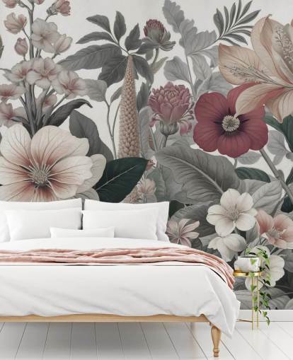 beige, witte en rode bloemenbehangmuurschildering genaamd Love on Weekend van Marina Stupakova voor slaapkamers en lounges beige, witte en rode bloemenbehangmuurschildering genaamd Love on Weekend van Marina Stupakova voor slaapkamers en lounges