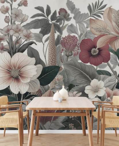 beige, hvitt og rødt blomstertapet veggmaleri kalt Love on Weekend av Marina Stupakova for soverom og salonger