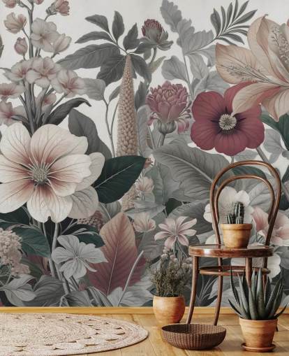 beige, hvitt og rødt blomstertapet veggmaleri kalt Love on Weekend av Marina Stupakova for soverom og salonger
