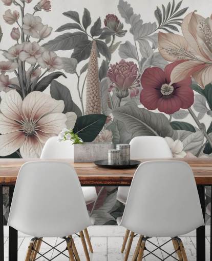 beige, white and red floral wallpaper mural called Love on Weekend by Marina Stupakova for bedrooms and lounges