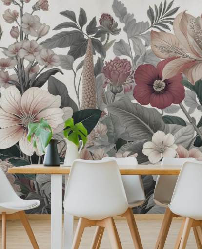 papier peint floral beige, blanc et rouge intitulé Love on Weekend de Marina Stupakova pour les chambres et les salons