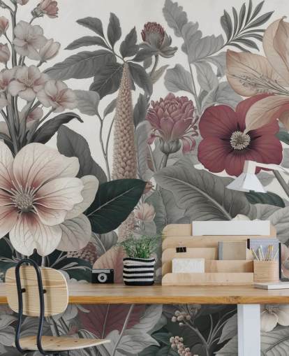 beige, hvitt og rødt blomstertapet veggmaleri kalt Love on Weekend av Marina Stupakova for soverom og salonger