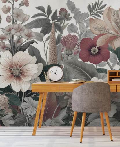 mural de papel pintado floral beige, blanco y rojo llamado Love on Weekend de Marina Stupakova para dormitorios y salones