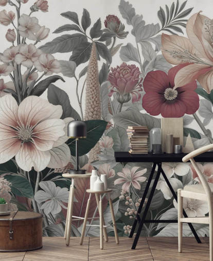 beige, white and red floral wallpaper mural called Love on Weekend by Marina Stupakova for bedrooms and lounges