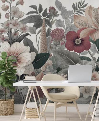 mural de papel de parede floral bege, branco e vermelho chamado Love on Weekend de Marina Stupakova para quartos e salões