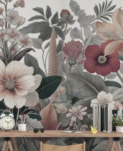 beige, vit och röd blommig tapetväggmålning som heter Love on Weekend av Marina Stupakova för sovrum och lounger