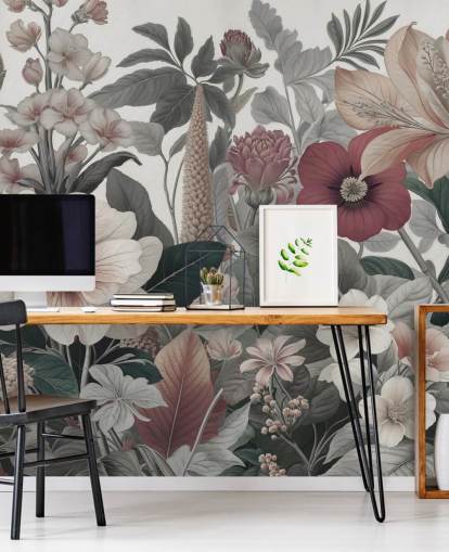 beige, white and red floral wallpaper mural called Love on Weekend by Marina Stupakova for bedrooms and lounges