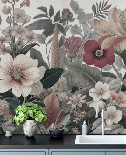 beige, witte en rode bloemenbehangmuurschildering genaamd Love on Weekend van Marina Stupakova voor slaapkamers en lounges beige, witte en rode bloemenbehangmuurschildering genaamd Love on Weekend van Marina Stupakova voor slaapkamers en lounges