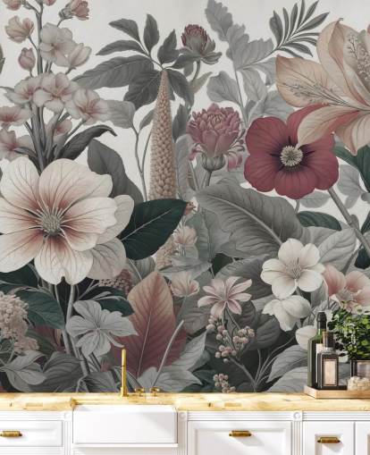 mural de papel pintado floral beige, blanco y rojo llamado Love on Weekend de Marina Stupakova para dormitorios y salones