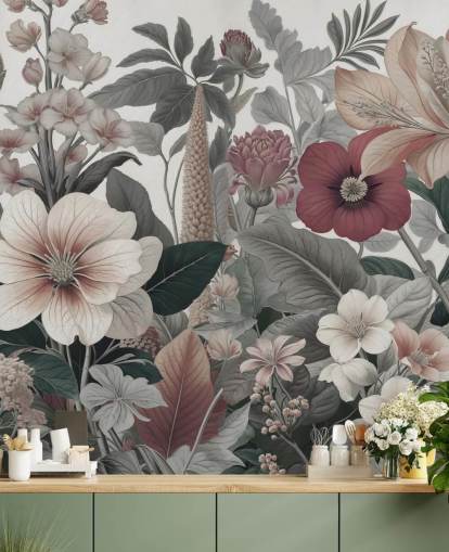 mural de papel pintado floral beige, blanco y rojo llamado Love on Weekend de Marina Stupakova para dormitorios y salones mural de papel pintado floral beige, blanco y rojo llamado Love on Weekend de Marina Stupakova para dormitorios y salones