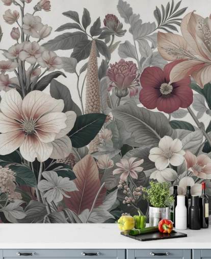 mural de papel de parede floral bege, branco e vermelho chamado Love on Weekend de Marina Stupakova para quartos e salões