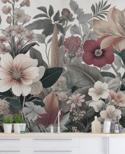 mural de papel pintado floral beige, blanco y rojo llamado Love on Weekend de Marina Stupakova para dormitorios y salones mural de papel pintado floral beige, blanco y rojo llamado Love on Weekend de Marina Stupakova para dormitorios y salones