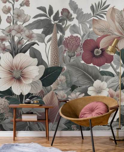 beige, hvidt og rødt blomstertapet vægmaleri kaldet Love on Weekend af Marina Stupakova til soveværelser og lounger beige, hvidt og rødt blomstertapet vægmaleri kaldet Love on Weekend af Marina Stupakova til soveværelser og lounger