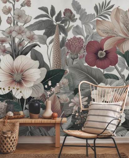 beige, hvitt og rødt blomstertapet veggmaleri kalt Love on Weekend av Marina Stupakova for soverom og salonger