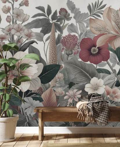 beige, hvitt og rødt blomstertapet veggmaleri kalt Love on Weekend av Marina Stupakova for soverom og salonger