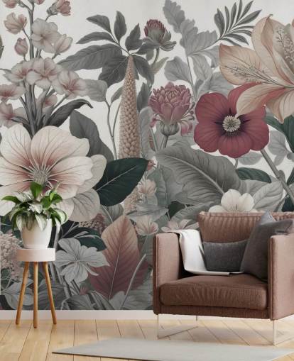 mural de papel pintado floral beige, blanco y rojo llamado Love on Weekend de Marina Stupakova para dormitorios y salones