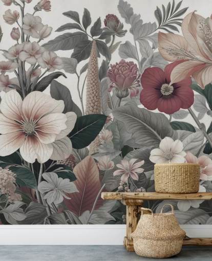 beige, witte en rode bloemenbehangmuurschildering genaamd Love on Weekend van Marina Stupakova voor slaapkamers en lounges