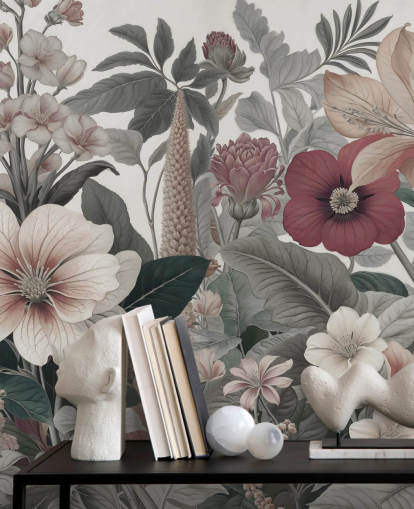 beige, vit och röd blommig tapetväggmålning som heter Love on Weekend av Marina Stupakova för sovrum och lounger